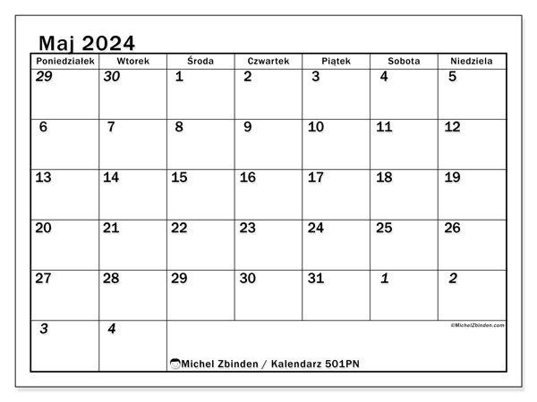 Kalendarz maj 2024 “501”. Darmowy kalendarz do druku.. Od poniedziałku do niedzieli