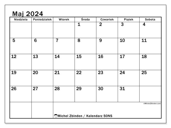 Kalendarz maj 2024 “50”. Darmowy kalendarz do druku.. Od niedzieli do soboty