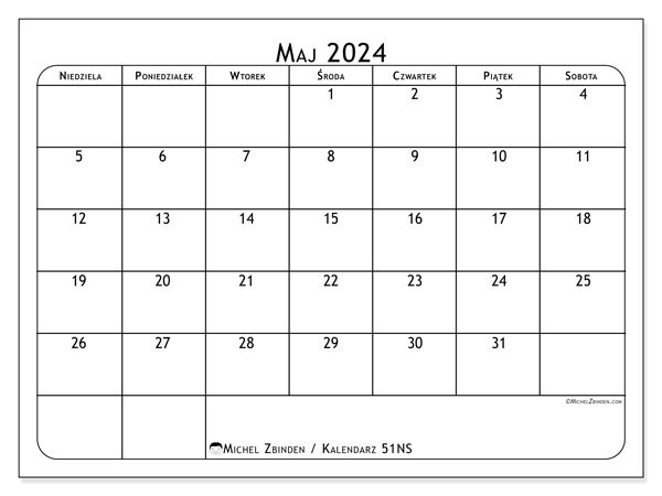 Kalendarz maj 2024 “51”. Darmowy dziennik do druku.. Od niedzieli do soboty