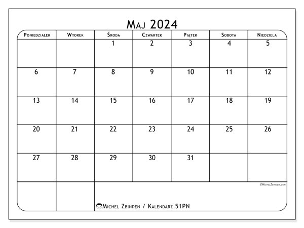 Kalendarz maj 2024 “51”. Darmowy dziennik do druku.. Od poniedziałku do niedzieli