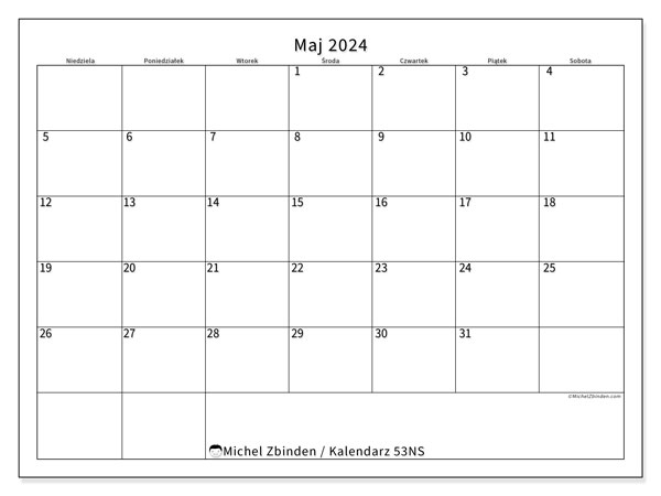 Kalendarz maj 2024 “53”. Darmowy kalendarz do druku.. Od niedzieli do soboty