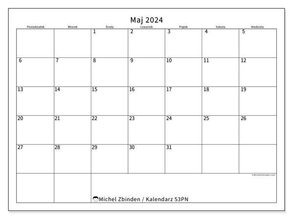Kalendarz maj 2024, 53PN. Darmowy kalendarz do druku.