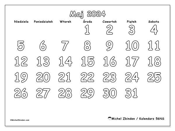 Kalendarz maj 2024 “56”. Darmowy dziennik do druku.. Od niedzieli do soboty