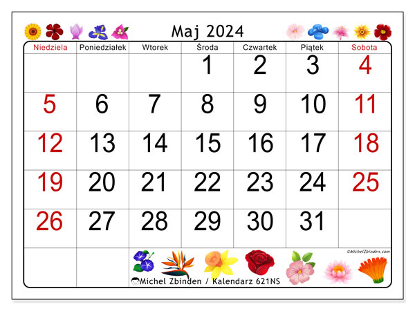 Kalendarz maj 2024 “621”. Darmowy plan do druku.. Od niedzieli do soboty