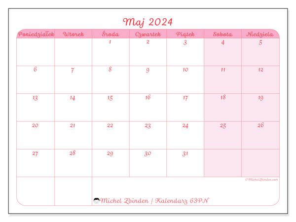 Kalendarz maj 2024 “63”. Darmowy dziennik do druku.. Od poniedziałku do niedzieli
