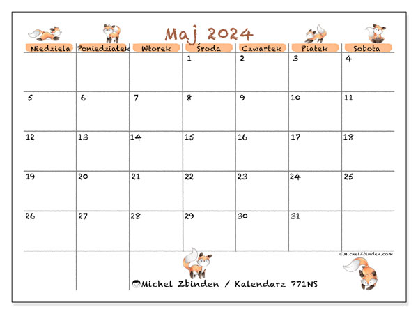 Kalendarz maj 2024 “771”. Darmowy kalendarz do druku.. Od niedzieli do soboty