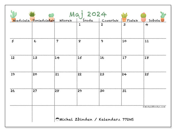 Kalendarz maj 2024 “772”. Darmowy dziennik do druku.. Od niedzieli do soboty