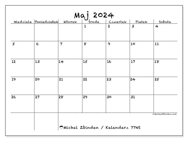 Kalendarz maj 2024 “77”. Darmowy dziennik do druku.. Od niedzieli do soboty