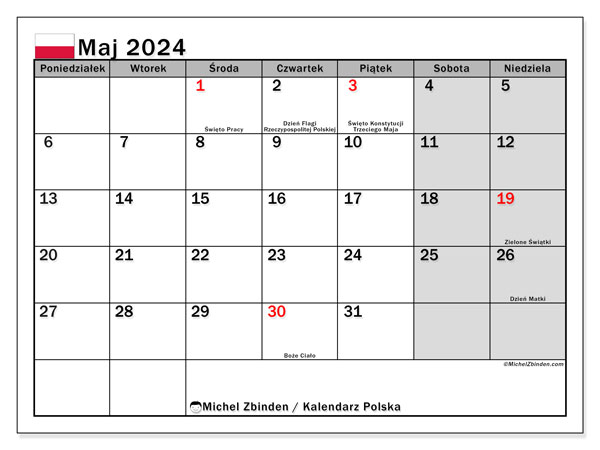 Calendario mayo 2024, Polonia (PL). Diario para imprimir gratis.