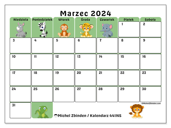 Kalendarz marzec 2024 “441”. Darmowy program do druku.. Od niedzieli do soboty