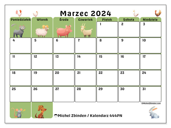 Kalendarz marzec 2024 “444”. Darmowy kalendarz do druku.. Od poniedziałku do niedzieli