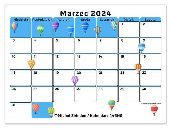 Kalendarz marzec 2024 “446”. Darmowy program do druku.. Od niedzieli do soboty