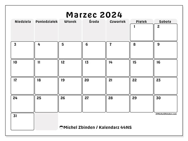 Kalendarz marzec 2024, 44NS. Darmowy dziennik do druku.