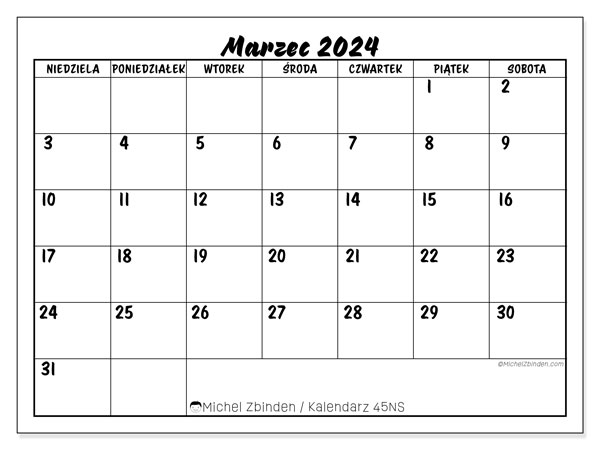 Kalendarz marzec 2024 “45”. Darmowy kalendarz do druku.. Od niedzieli do soboty