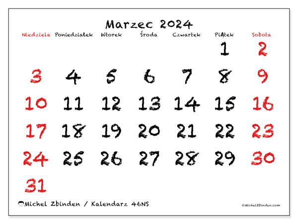 Kalendarz marzec 2024 “46”. Darmowy program do druku.. Od niedzieli do soboty