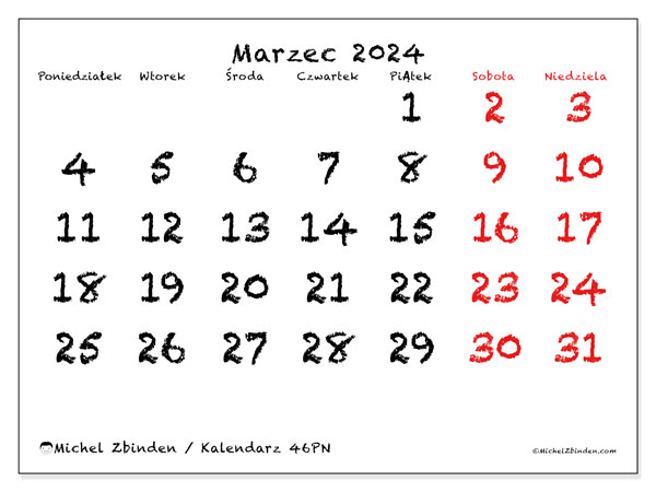 Kalendarz marzec 2024 “46”. Darmowy program do druku.. Od poniedziałku do niedzieli