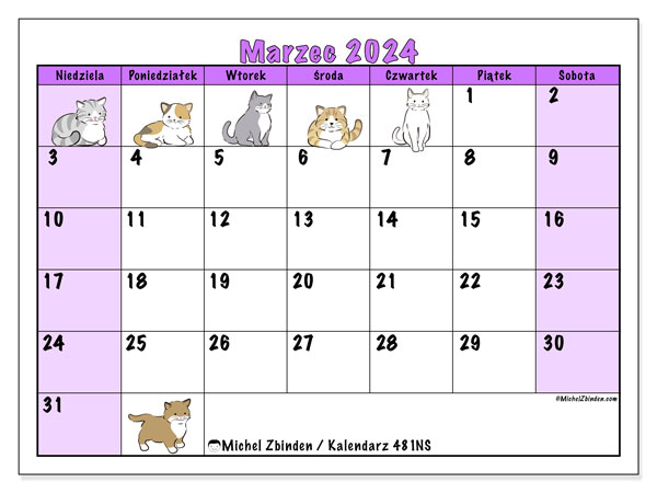 Kalendarz marzec 2024 “481”. Darmowy dziennik do druku.. Od niedzieli do soboty