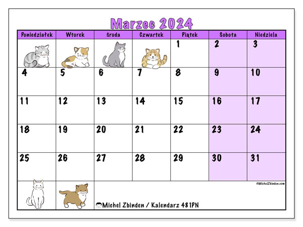 Kalendarz marzec 2024 “481”. Darmowy dziennik do druku.. Od poniedziałku do niedzieli