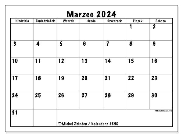 Kalendarz marzec 2024 “48”. Darmowy kalendarz do druku.. Od niedzieli do soboty