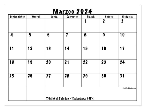 Kalendarz marzec 2024 “48”. Darmowy kalendarz do druku.. Od poniedziałku do niedzieli