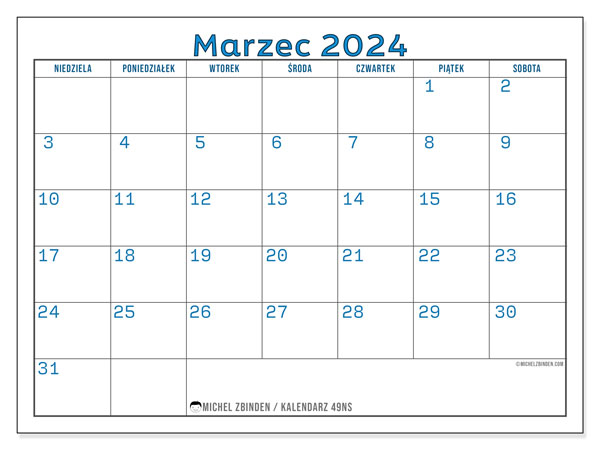 Kalendarz marzec 2024 “49”. Darmowy kalendarz do druku.. Od niedzieli do soboty