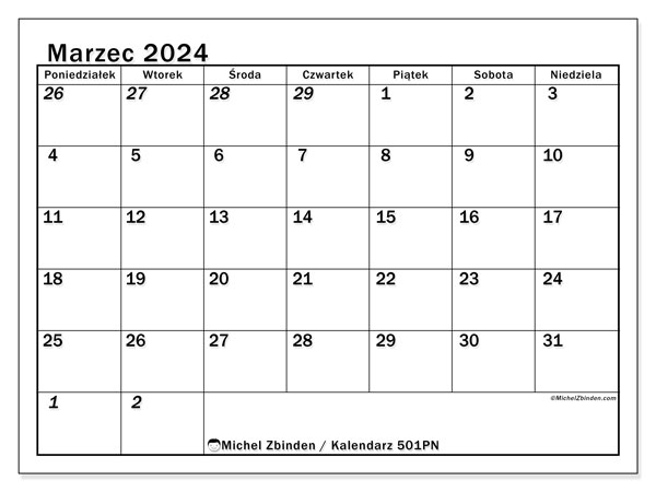 Kalendarz marzec 2024 “501”. Darmowy program do druku.. Od poniedziałku do niedzieli