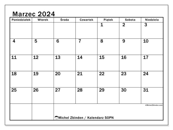 Kalendarz marzec 2024 “50”. Darmowy terminarz do druku.. Od poniedziałku do niedzieli