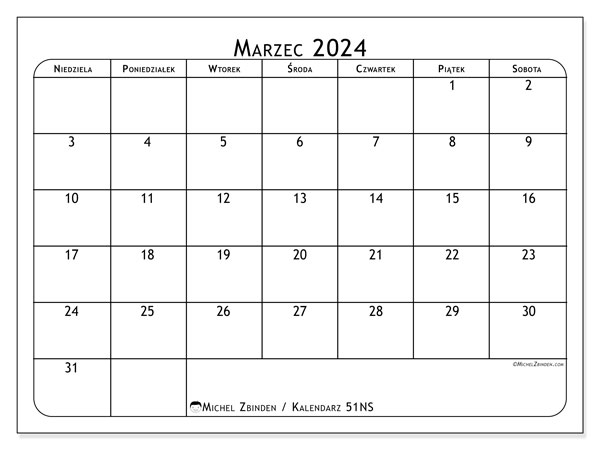 Kalendarz marzec 2024 “51”. Darmowy plan do druku.. Od niedzieli do soboty