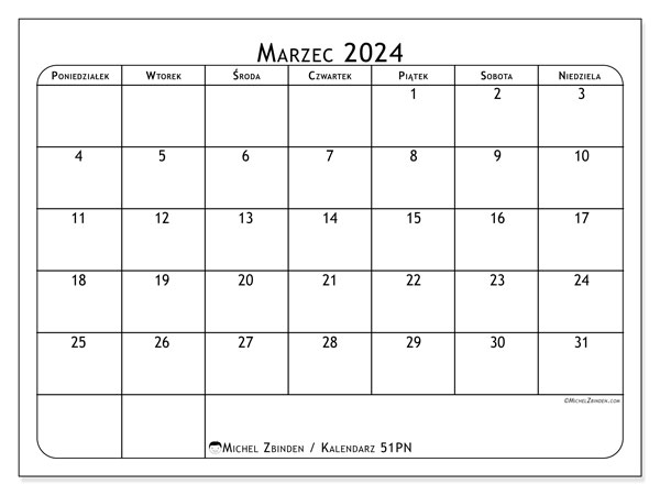 Kalendarz marzec 2024, 51PN. Darmowy terminarz do druku.