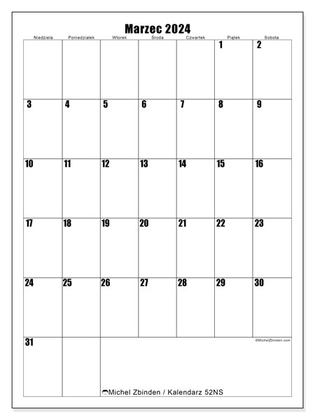 Kalendarz marzec 2024 “52”. Darmowy terminarz do druku.. Od niedzieli do soboty