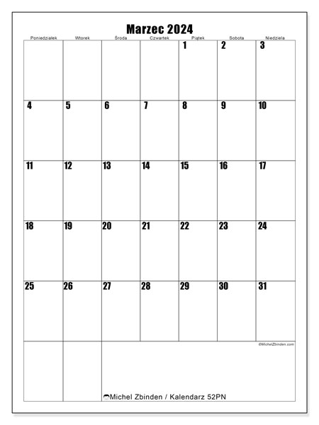 Kalendarz marzec 2024 “52”. Darmowy terminarz do druku.. Od poniedziałku do niedzieli