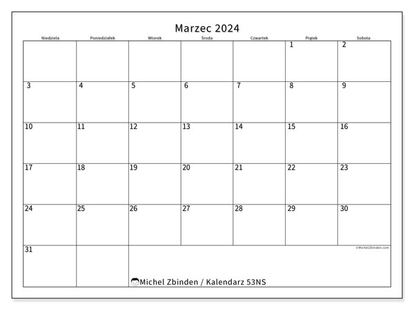 Kalendarz marzec 2024, 53NS. Darmowy dziennik do druku.