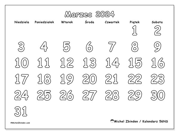 Kalendarz marzec 2024 “56”. Darmowy kalendarz do druku.. Od niedzieli do soboty