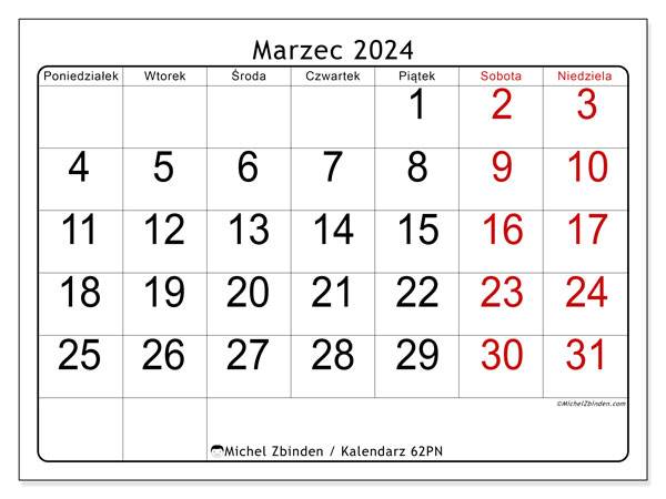 Kalendarz marzec 2024 “62”. Darmowy dziennik do druku.. Od poniedziałku do niedzieli