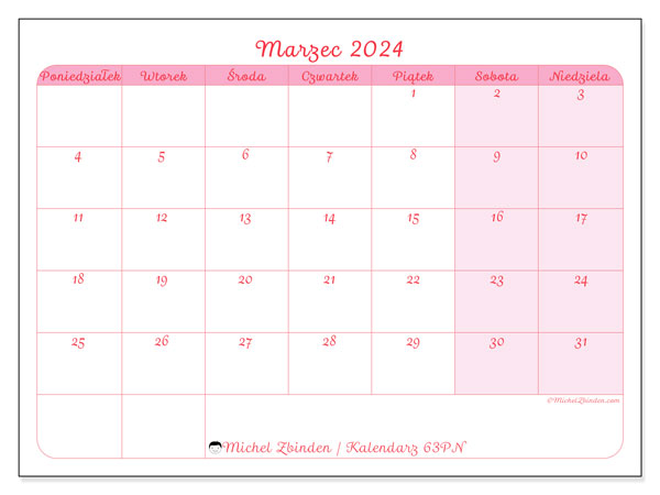 Kalendarz marzec 2024 “63”. Darmowy terminarz do druku.. Od poniedziałku do niedzieli