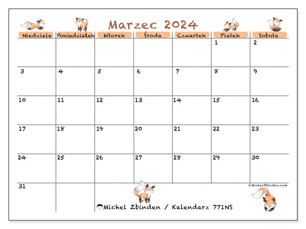 Kalendarz marzec 2024 “771”. Darmowy plan do druku.. Od niedzieli do soboty