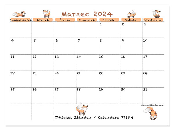 Kalendarz marzec 2024 “771”. Darmowy plan do druku.. Od poniedziałku do niedzieli