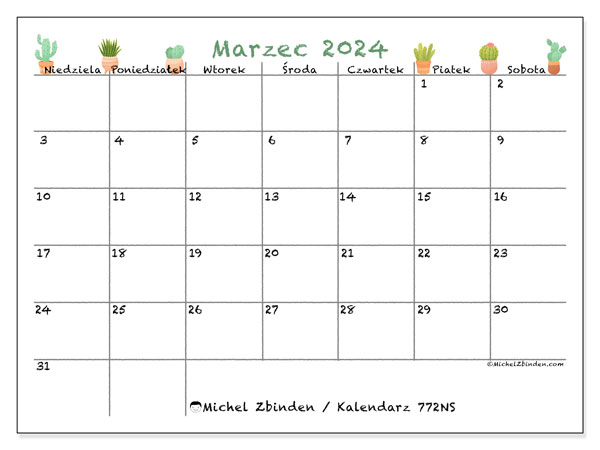 Kalendarz marzec 2024 “772”. Darmowy dziennik do druku.. Od niedzieli do soboty
