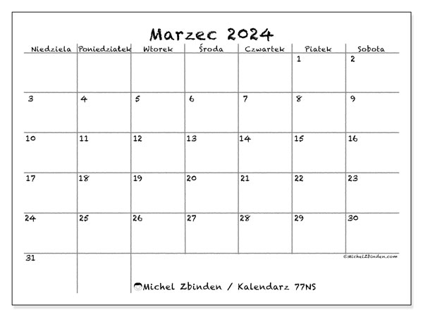 Kalendarz marzec 2024 “77”. Darmowy kalendarz do druku.. Od niedzieli do soboty