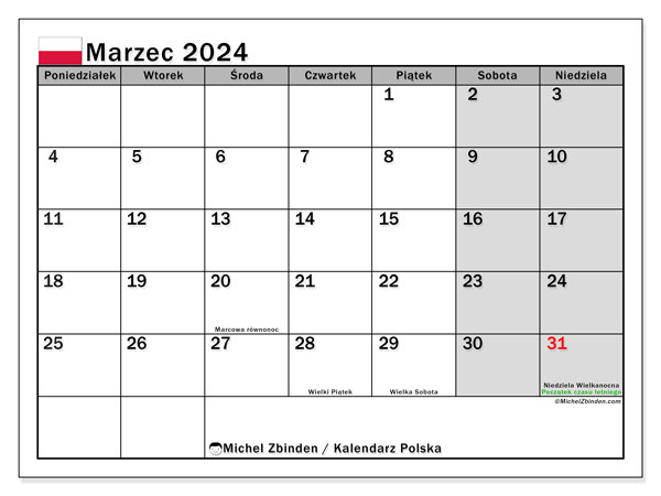 Kalender mars 2024, Polen (PL). Gratis kalender som kan skrivas ut.