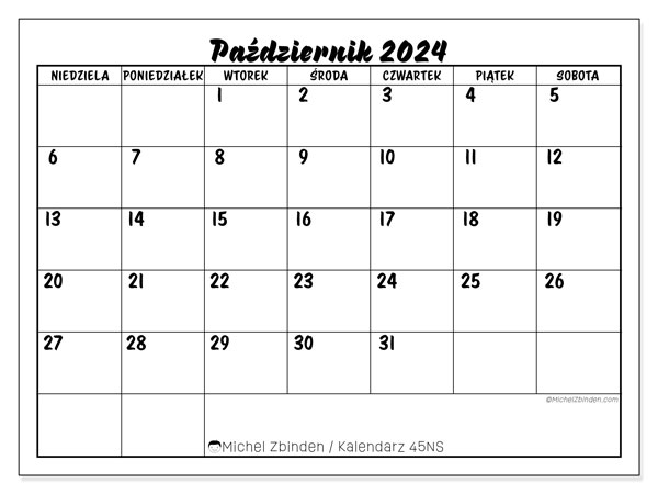 Kalendarz październik 2024, 45NS. Darmowy terminarz do druku.
