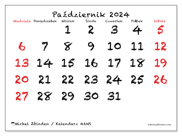 Kalendarz październik 2024 “46”. Darmowy plan do druku.. Od niedzieli do soboty