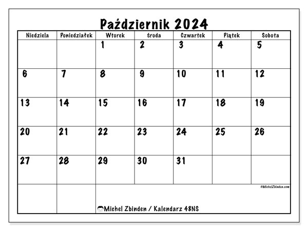 Kalendarz październik 2024 “48”. Darmowy kalendarz do druku.. Od niedzieli do soboty