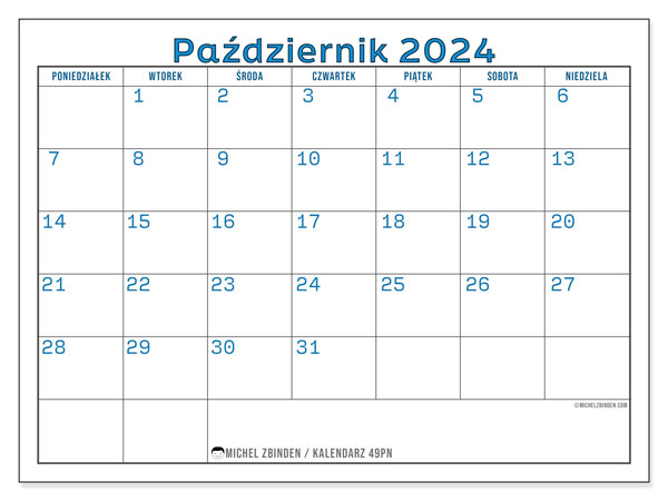 Kalendarz październik 2024 “49”. Darmowy kalendarz do druku.. Od poniedziałku do niedzieli
