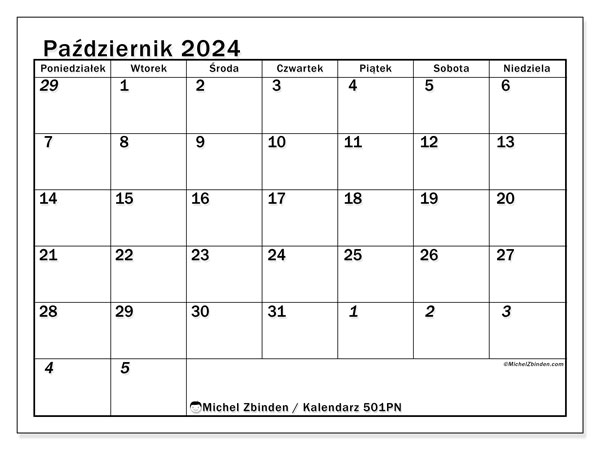 Kalendarz październik 2024, 501PN. Darmowy terminarz do druku.