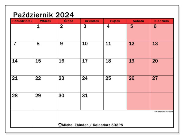 Kalendarz październik 2024, 502NS. Darmowy plan do druku.