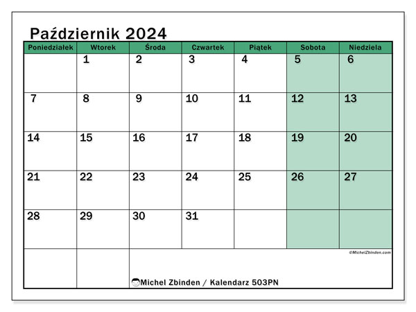 Kalendarz październik 2024 “503”. Darmowy plan do druku.. Od poniedziałku do niedzieli