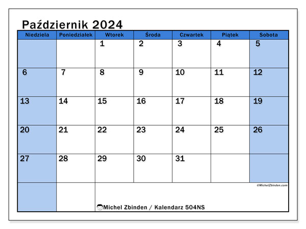 Kalendarz październik 2024 “504”. Darmowy plan do druku.. Od niedzieli do soboty