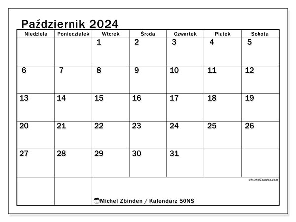 Kalendarz październik 2024 “50”. Darmowy kalendarz do druku.. Od niedzieli do soboty