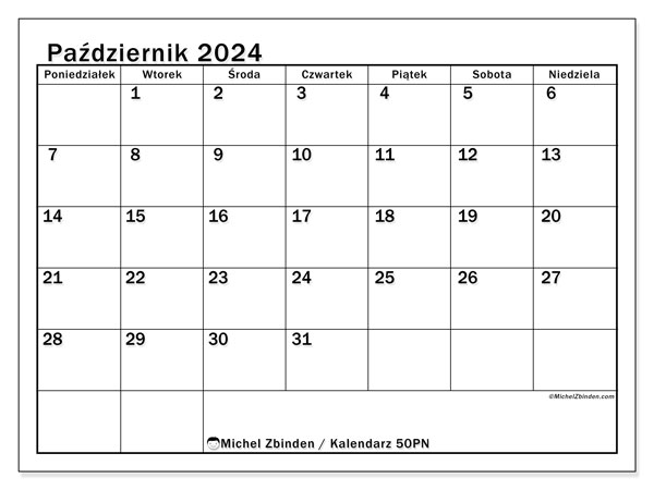 Kalendarz październik 2024 “50”. Darmowy kalendarz do druku.. Od poniedziałku do niedzieli